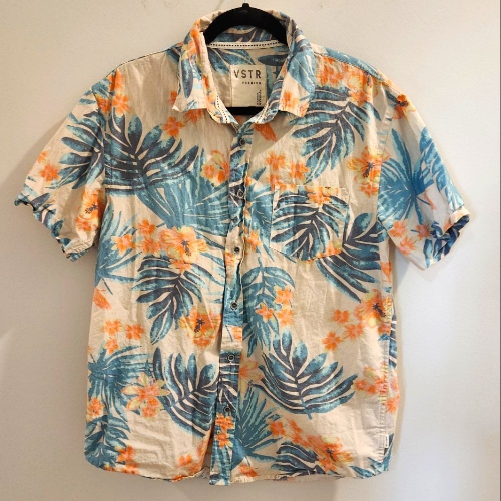 VSRT Men's Hawaiian Button Down Shirt Tropical Print 100% Cotton SZ Large